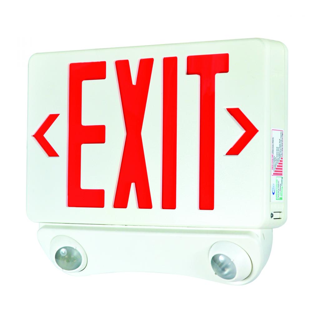 LED Exit and Emergency Combination with Adjustable Heads, Red Letters / White Housing