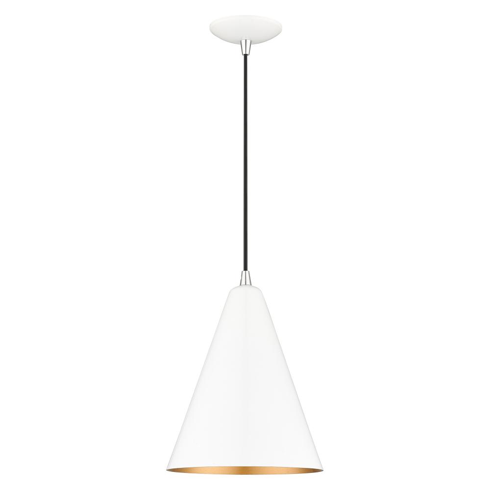 1 Light Shiny White Cone Pendant with Polished Chrome Accents