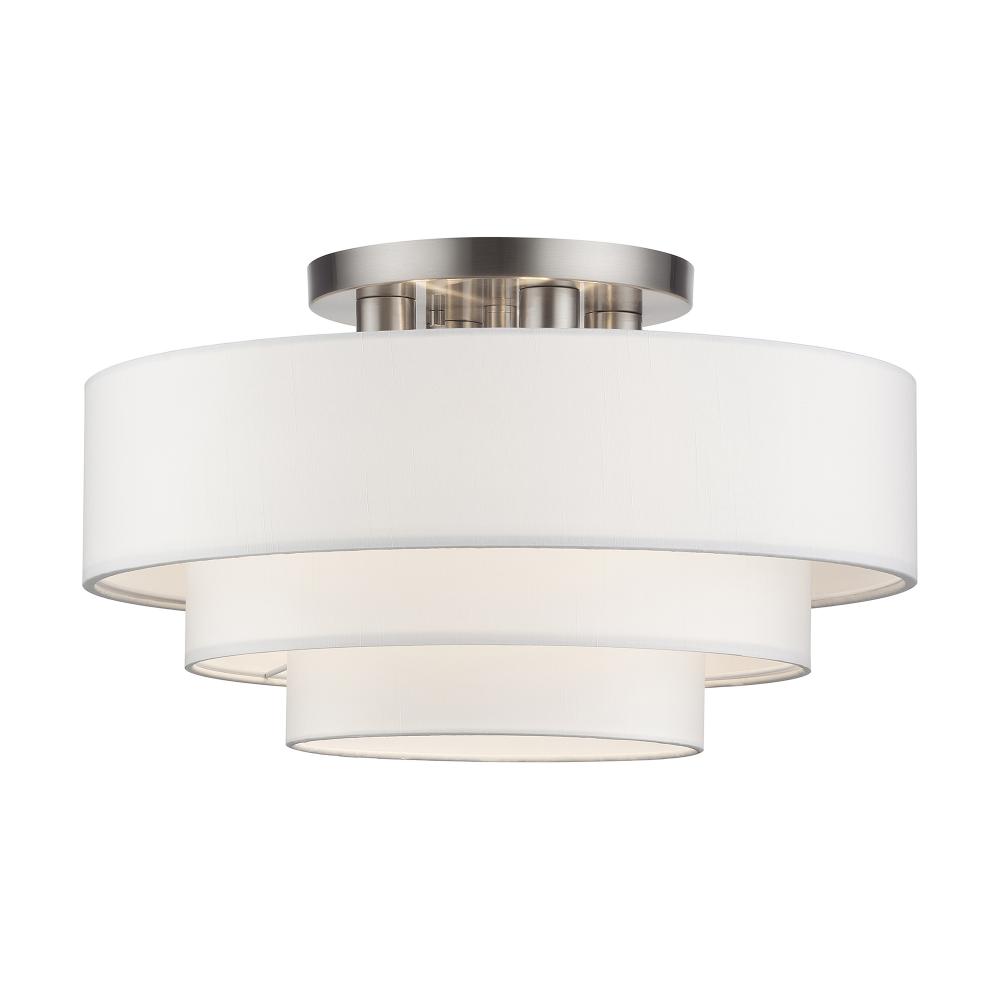 4 LT Brushed Nickel Extra Large Semi-Flush with Hand Crafted Off-White Color Fabric Hardback Shades