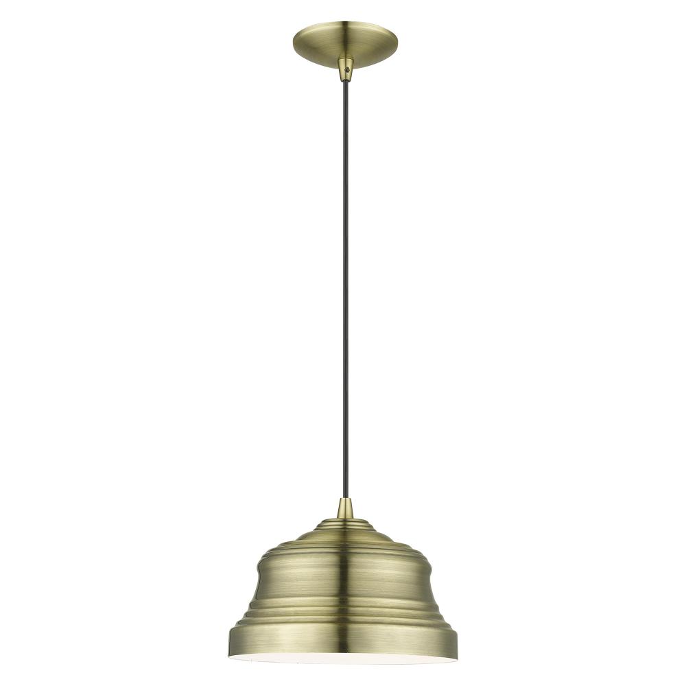 1 Light Antique Brass Bell Pendant with Shiny White Finish Inside