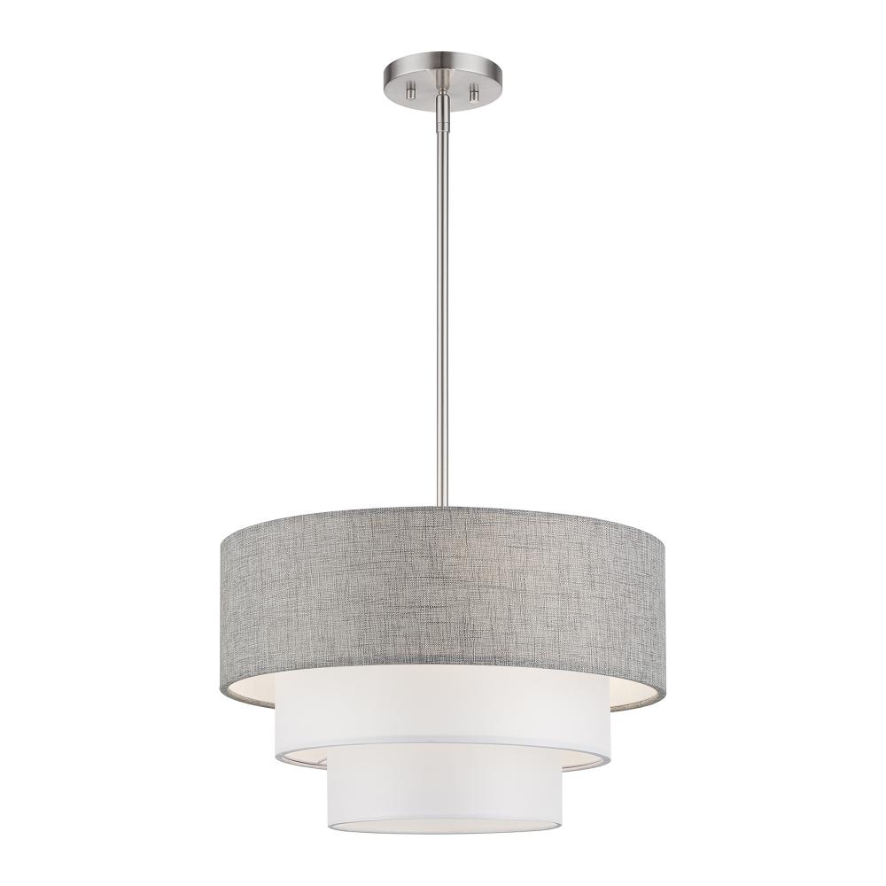 3 LT Brushed Nickel Pendant Chandelier with Hand Crafted Urban Gray & White Fabric Hardback Shades