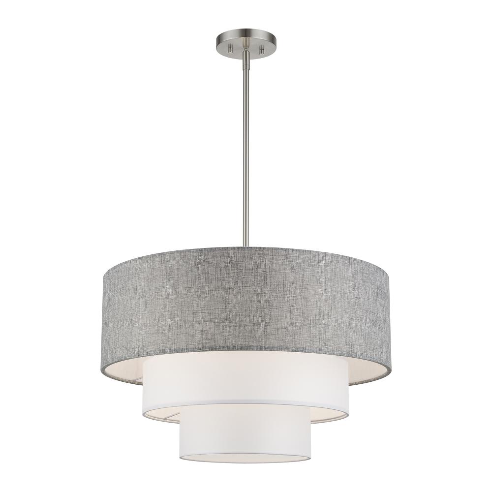 4 LT Brushed Nickel Pendant Chandelier with Hand Crafted Urban Gray & White Fabric Hardback Shades