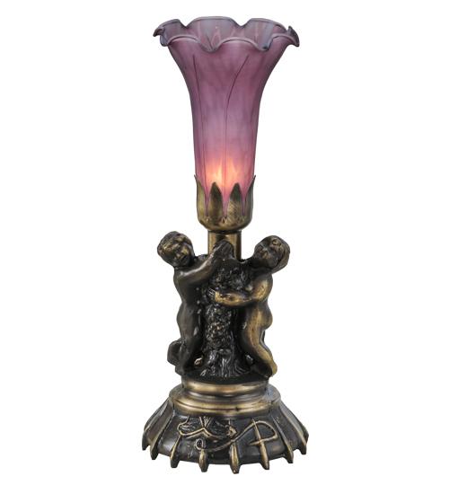 13" High Lavender Pond Lily Twin Cherub Mini Lamp