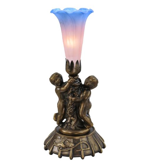 12" High Pink/Blue Tiffany Pond Lily Twin Cherub Mini Lamp