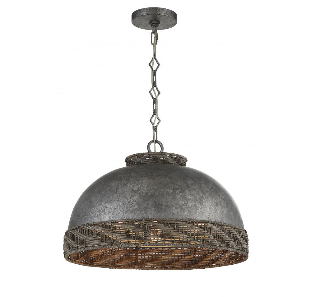 Tripoli 3-Light Pendant in Mottled Zinc with Gray Rattan