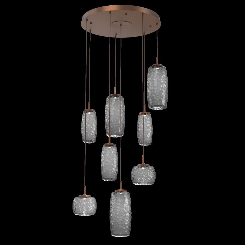 Vessel 8pc Round Multi-Pendant-Burnished Bronze-Smoke Blown Glass-Cloth Braided Cord-LED 3000K