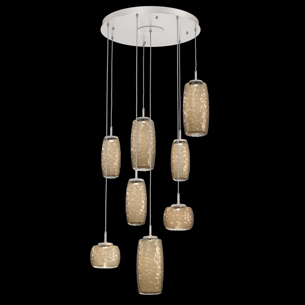 Vessel 8pc Round Multi-Pendant-Beige Silver-Bronze Blown Glass-Cloth Braided Cord-LED 2700K