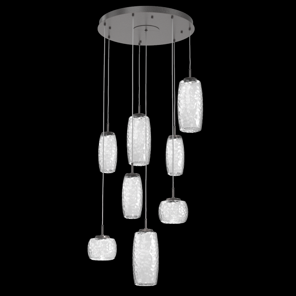 Vessel 8pc Round Multi-Pendant-Graphite-Clear Blown Glass-Cloth Braided Cord-LED 3000K