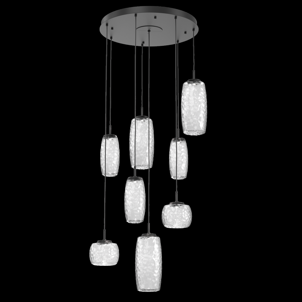 Vessel 8pc Round Multi-Pendant-Matte Black-Clear Blown Glass-Cloth Braided Cord-LED 3000K