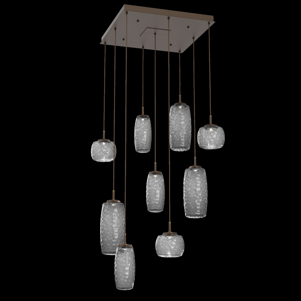 Vessel 9pc Square Multi-Pendant-Flat Bronze-Smoke Blown Glass-Cloth Braided Cord-LED 3000K