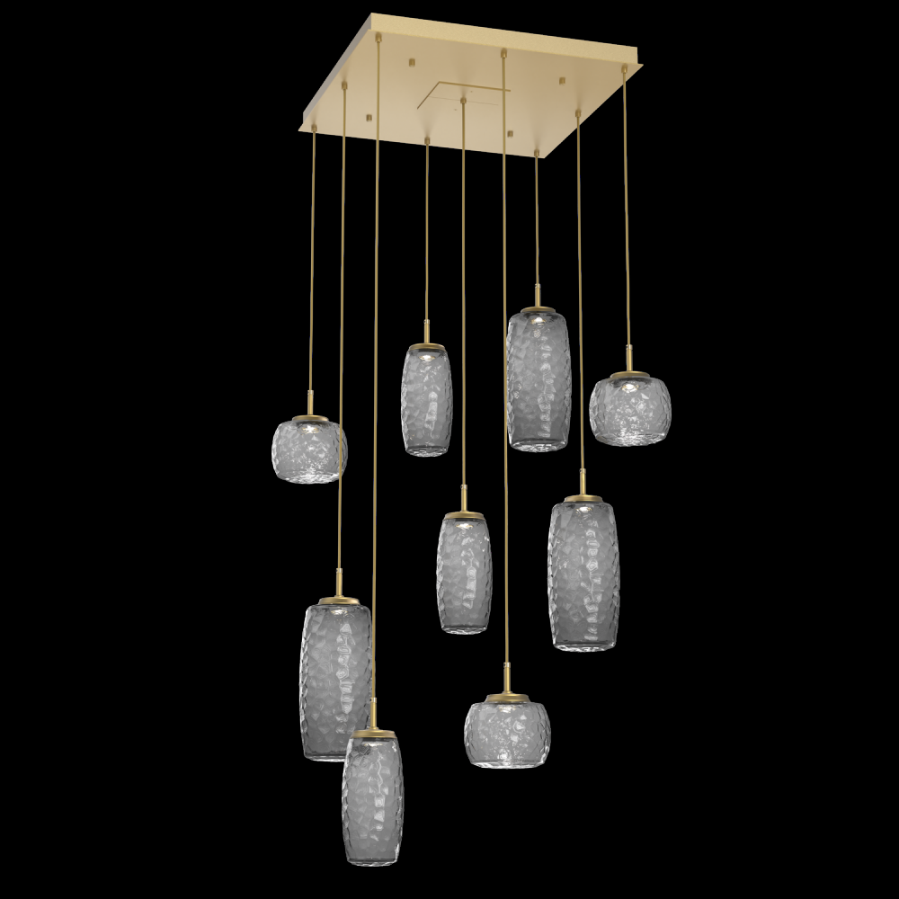 Vessel 9pc Square Multi-Pendant-Gilded Brass-Smoke Blown Glass-Cloth Braided Cord-LED 3000K