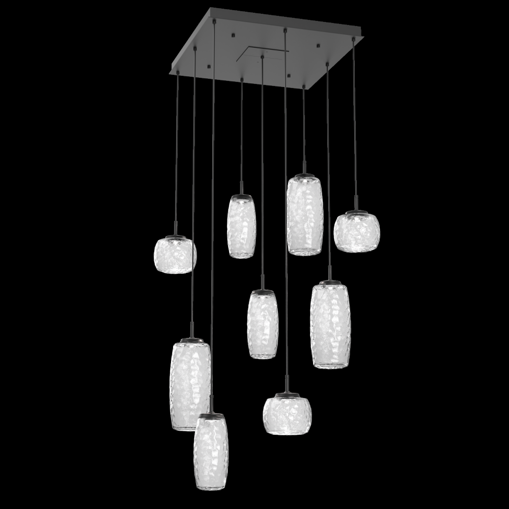 Vessel 9pc Square Multi-Pendant-Matte Black-Clear Blown Glass-Cloth Braided Cord-LED 3000K