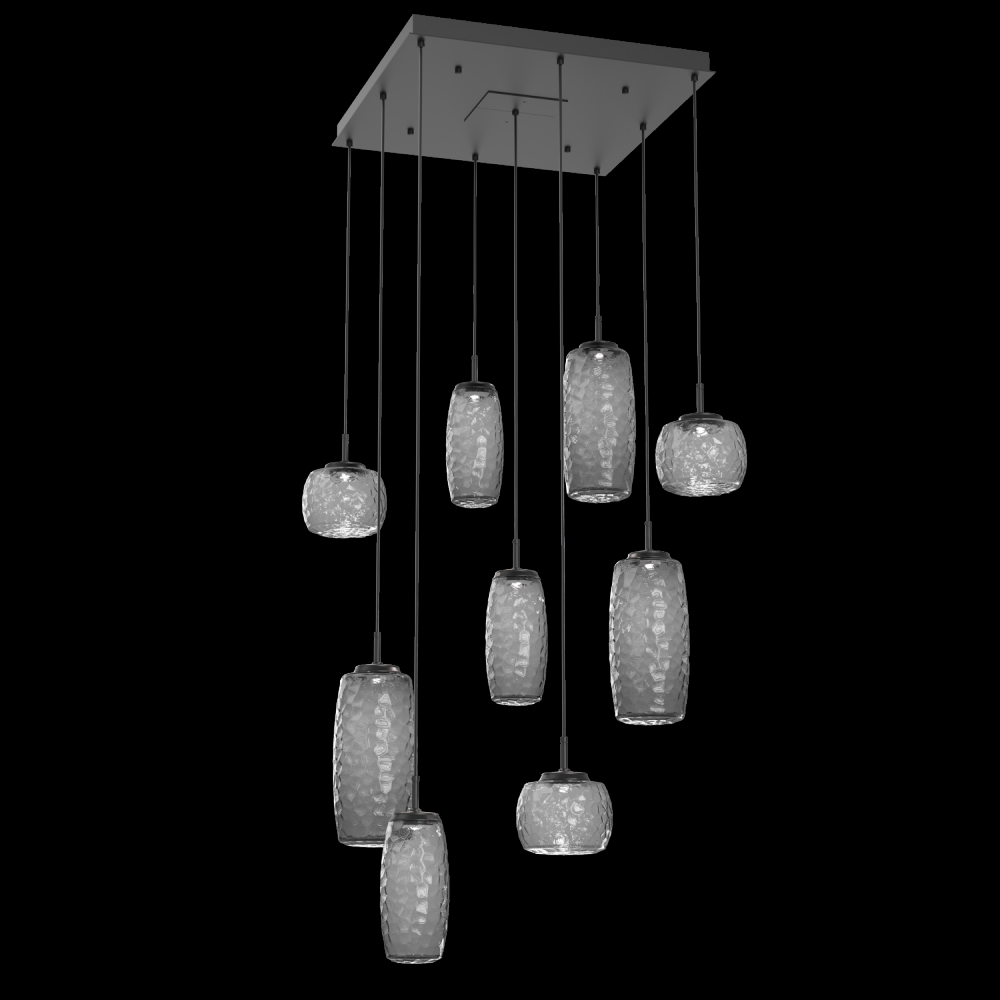 Vessel 9pc Square Multi-Pendant-Matte Black-Smoke Blown Glass-Cloth Braided Cord-LED 3000K