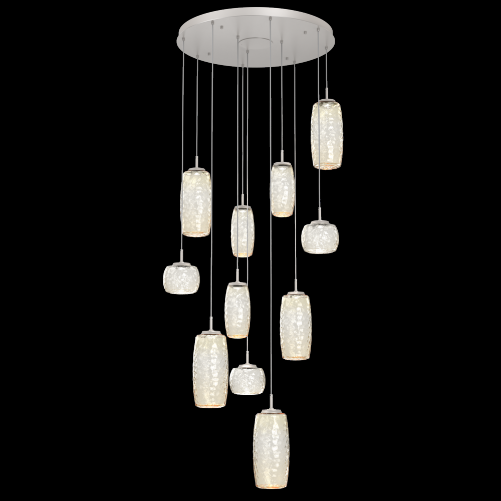 Vessel 11pc Round Multi-Pendant-Beige Silver-Amber Blown Glass-Cloth Braided Cord-LED 2700K