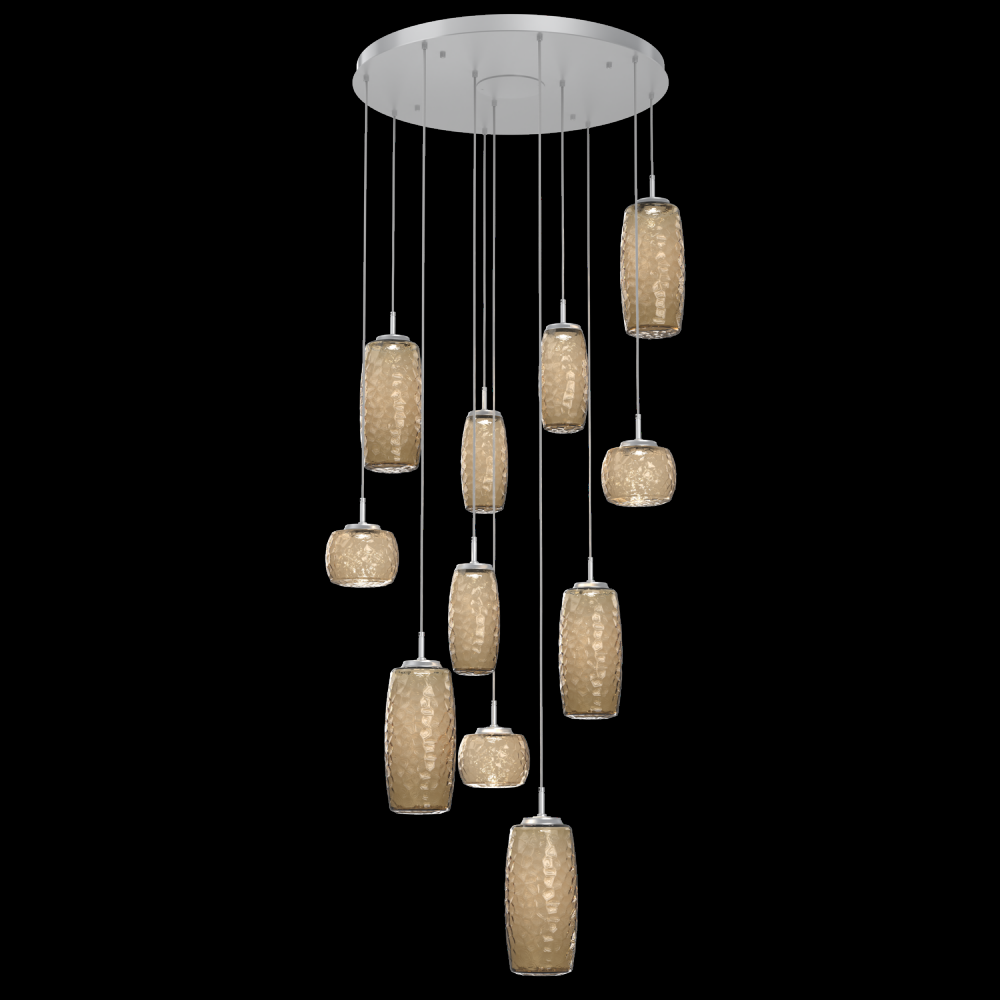 Vessel 11pc Round Multi-Pendant-Classic Silver-Bronze Blown Glass-Cloth Braided Cord-LED 2700K