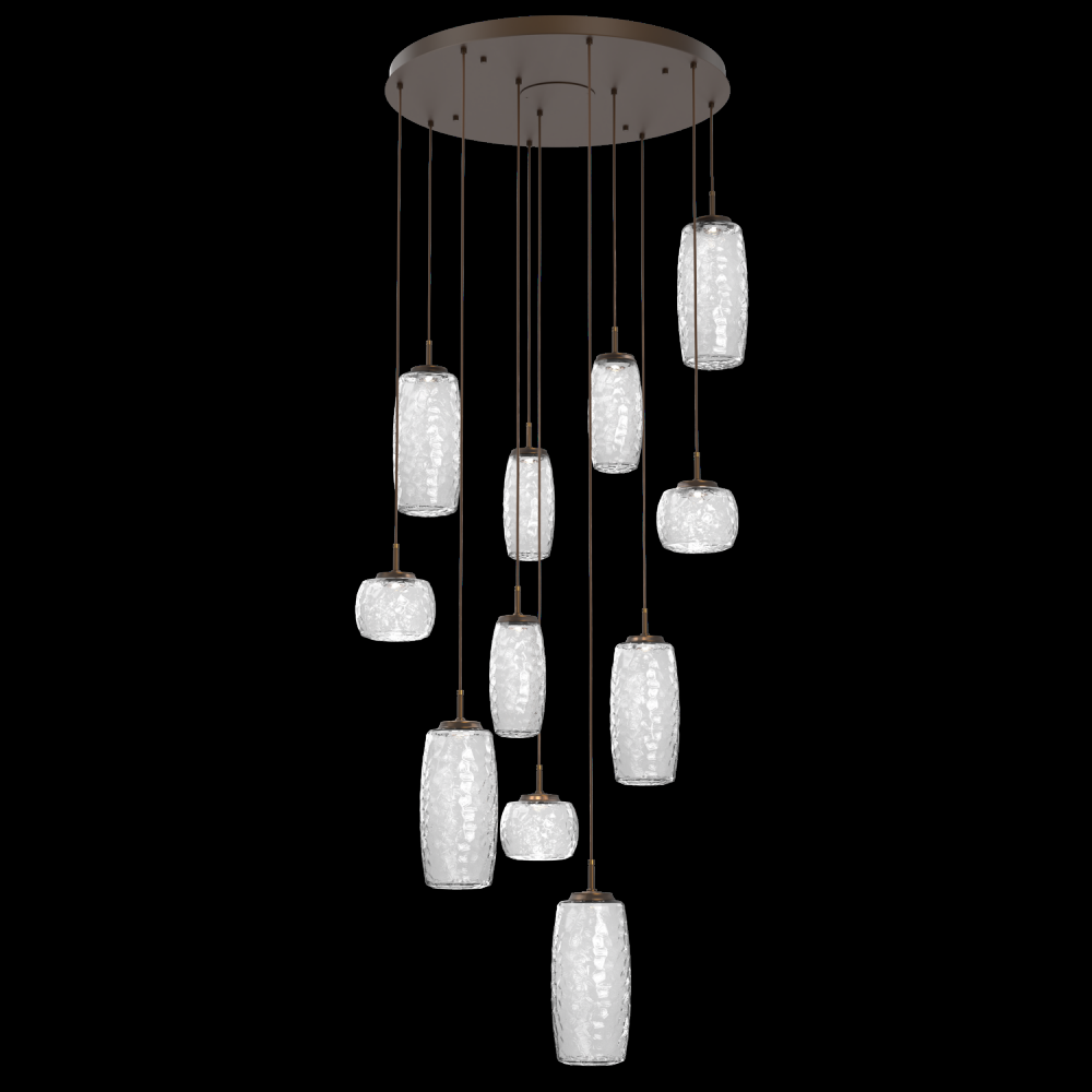 Vessel 11pc Round Multi-Pendant-Flat Bronze-Clear Blown Glass-Cloth Braided Cord-LED 2700K