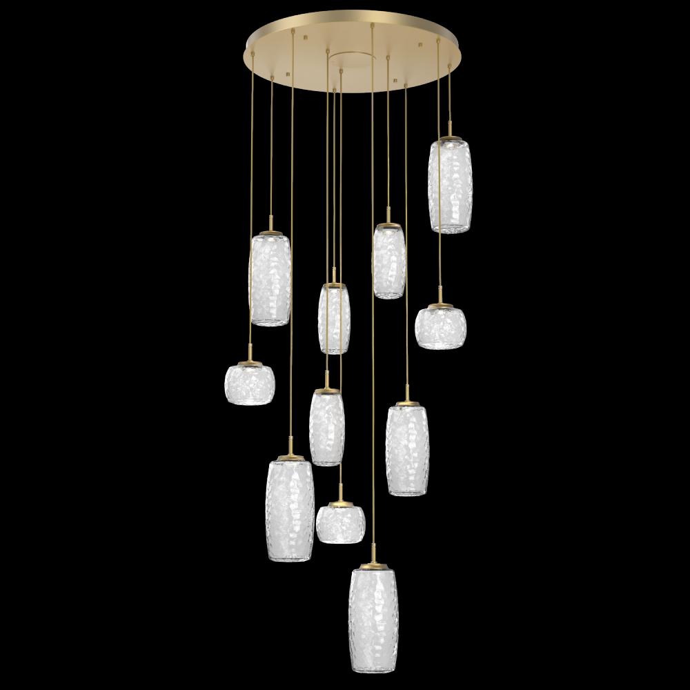 Vessel 11pc Round Multi-Pendant-Gilded Brass-Clear Blown Glass-Cloth Braided Cord-LED 3000K