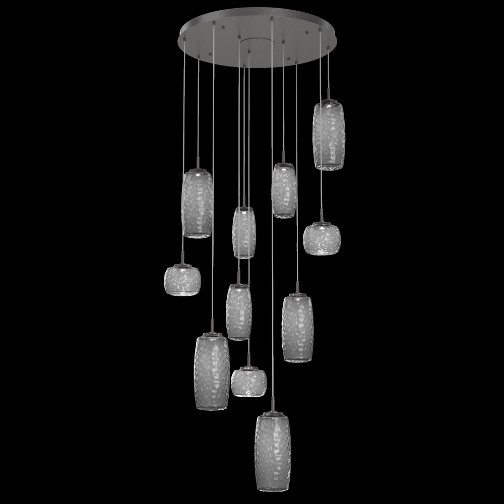 Vessel 11pc Round Multi-Pendant-Graphite-Smoke Blown Glass-Cloth Braided Cord-LED 2700K