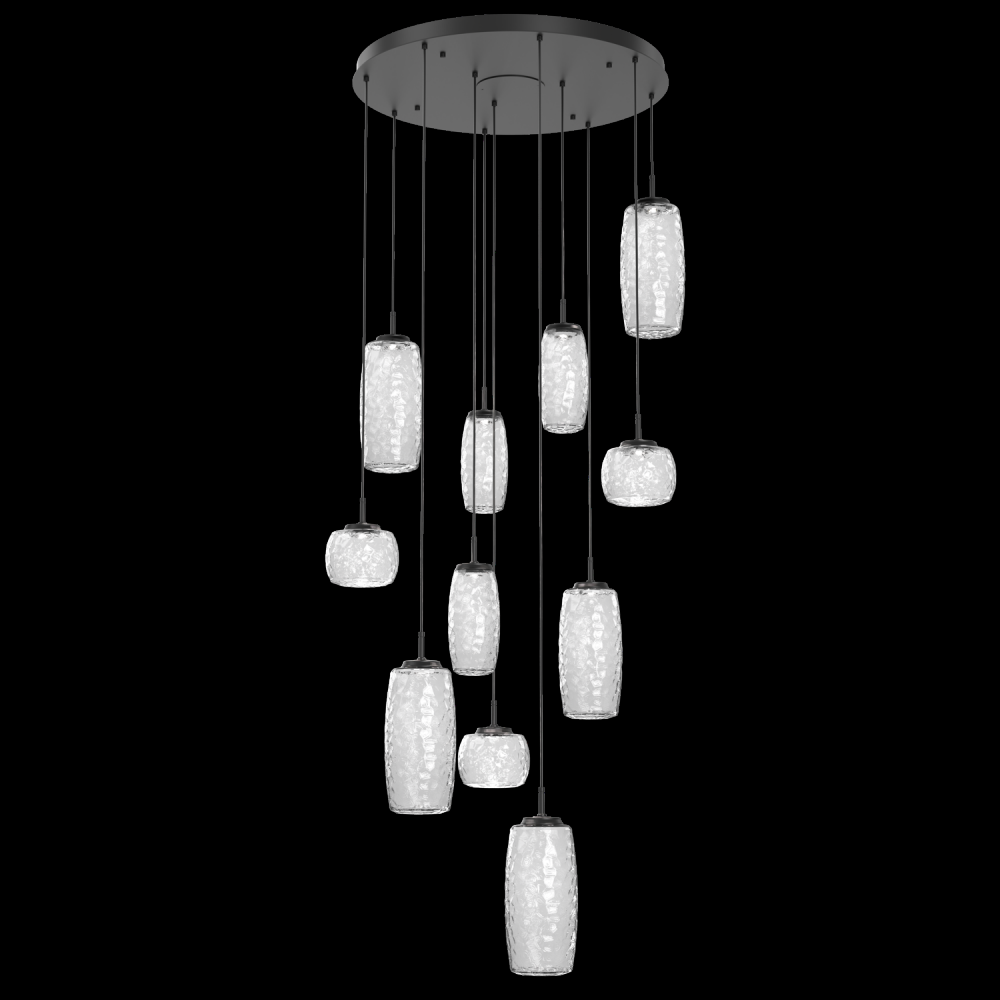 Vessel 11pc Round Multi-Pendant-Matte Black-Clear Blown Glass-Cloth Braided Cord-LED 3000K