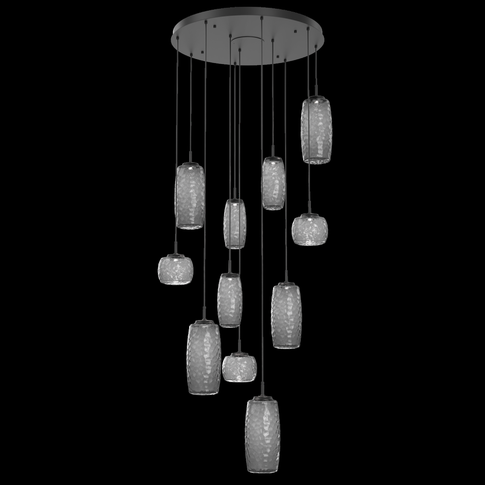 Vessel 11pc Round Multi-Pendant-Matte Black-Smoke Blown Glass-Cloth Braided Cord-LED 3000K