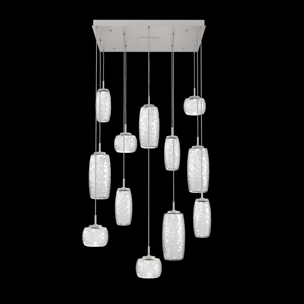 Vessel 12pc Square Multi-Pendant-Beige Silver-Clear Blown Glass-Cloth Braided Cord-LED 3000K