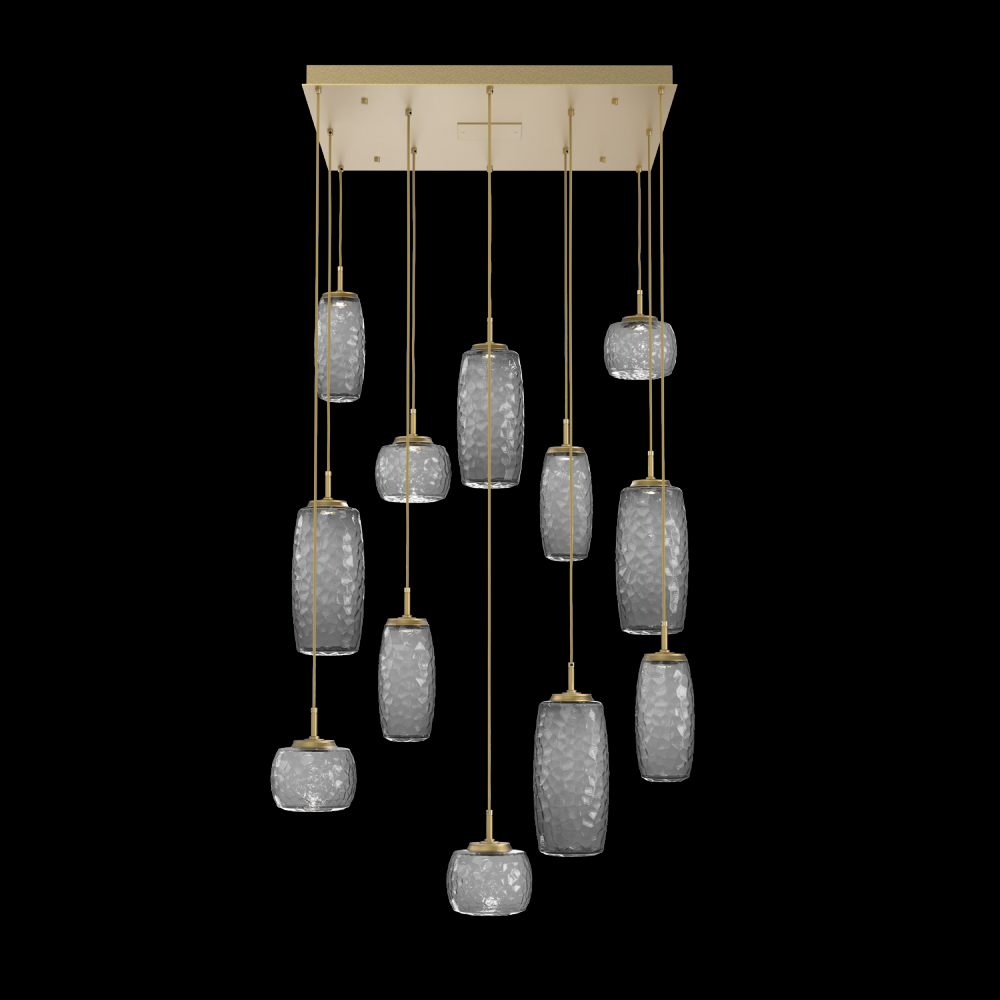 Vessel 12pc Square Multi-Pendant-Gilded Brass-Smoke Blown Glass-Cloth Braided Cord-LED 2700K