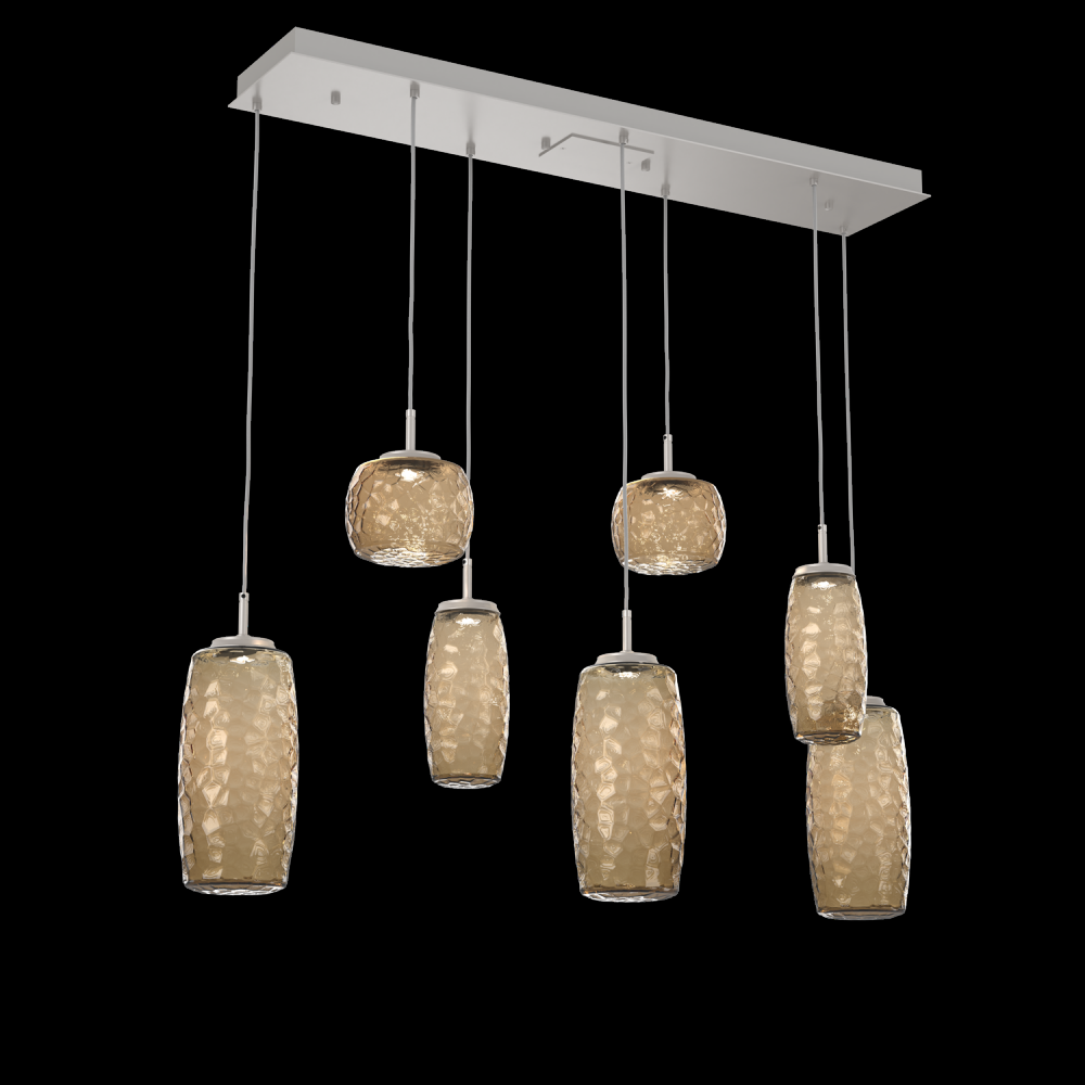 Vessel 7pc Linear Multi-Pendant-Beige Silver-Bronze Blown Glass-Cloth Braided Cord-LED 2700K