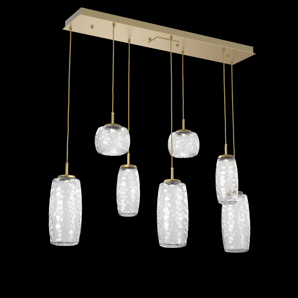 Vessel 7pc Linear Multi-Pendant-Gilded Brass-Clear Blown Glass-Cloth Braided Cord-LED 2700K