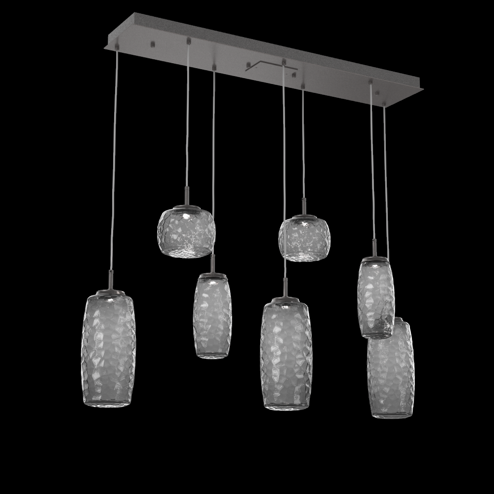 Vessel 7pc Linear Multi-Pendant-Graphite-Smoke Blown Glass-Cloth Braided Cord-LED 3000K