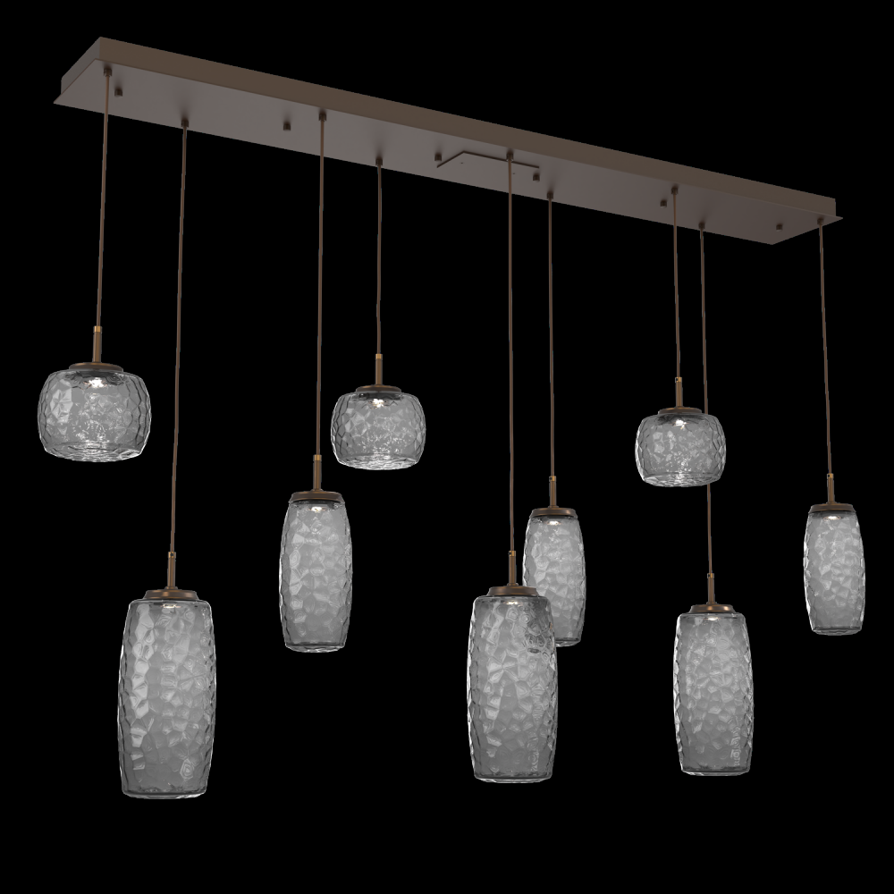 Vessel 9pc Linear Multi-Pendant-Flat Bronze-Smoke Blown Glass-Cloth Braided Cord-LED 3000K