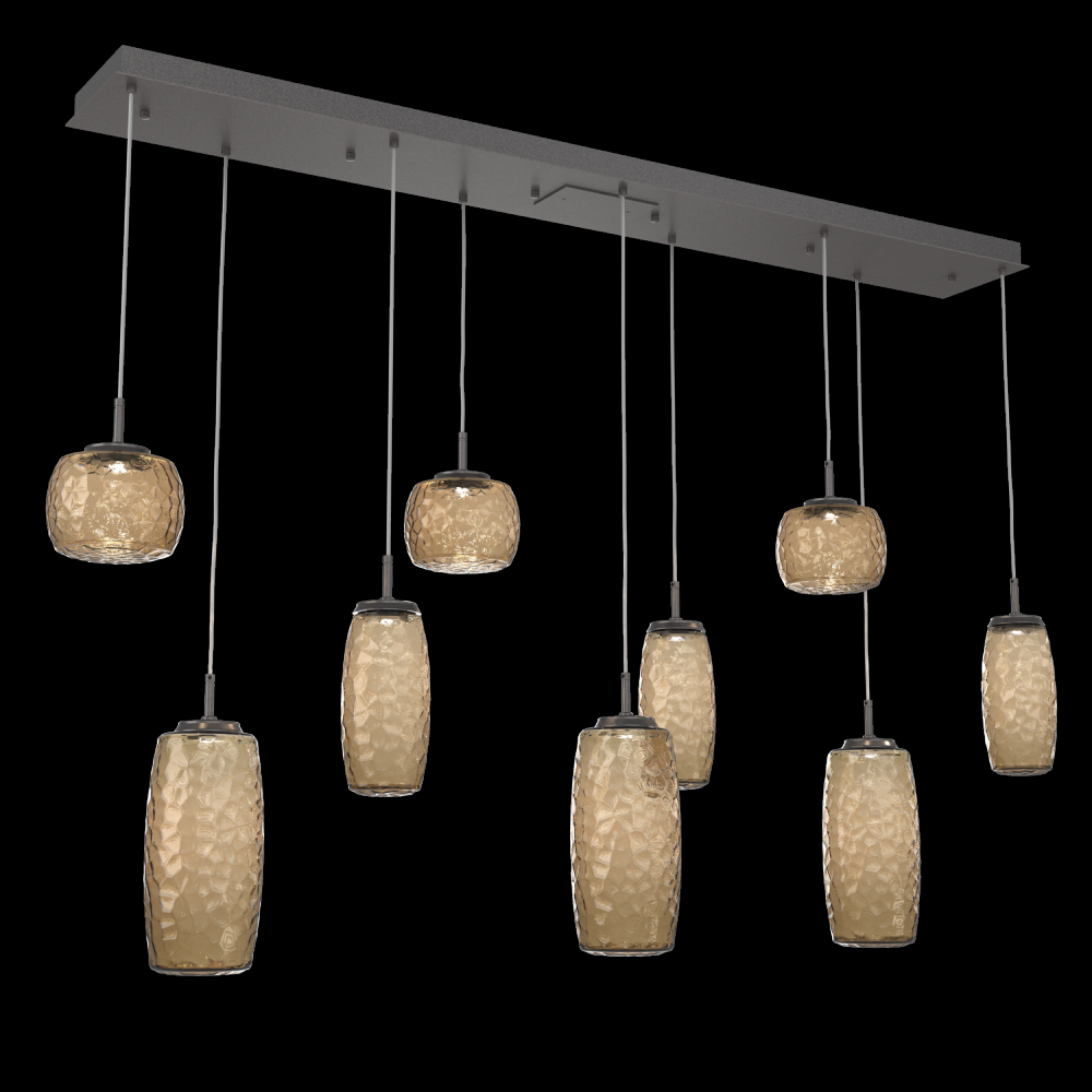 Vessel 9pc Linear Multi-Pendant-Graphite-Bronze Blown Glass-Cloth Braided Cord-LED 2700K