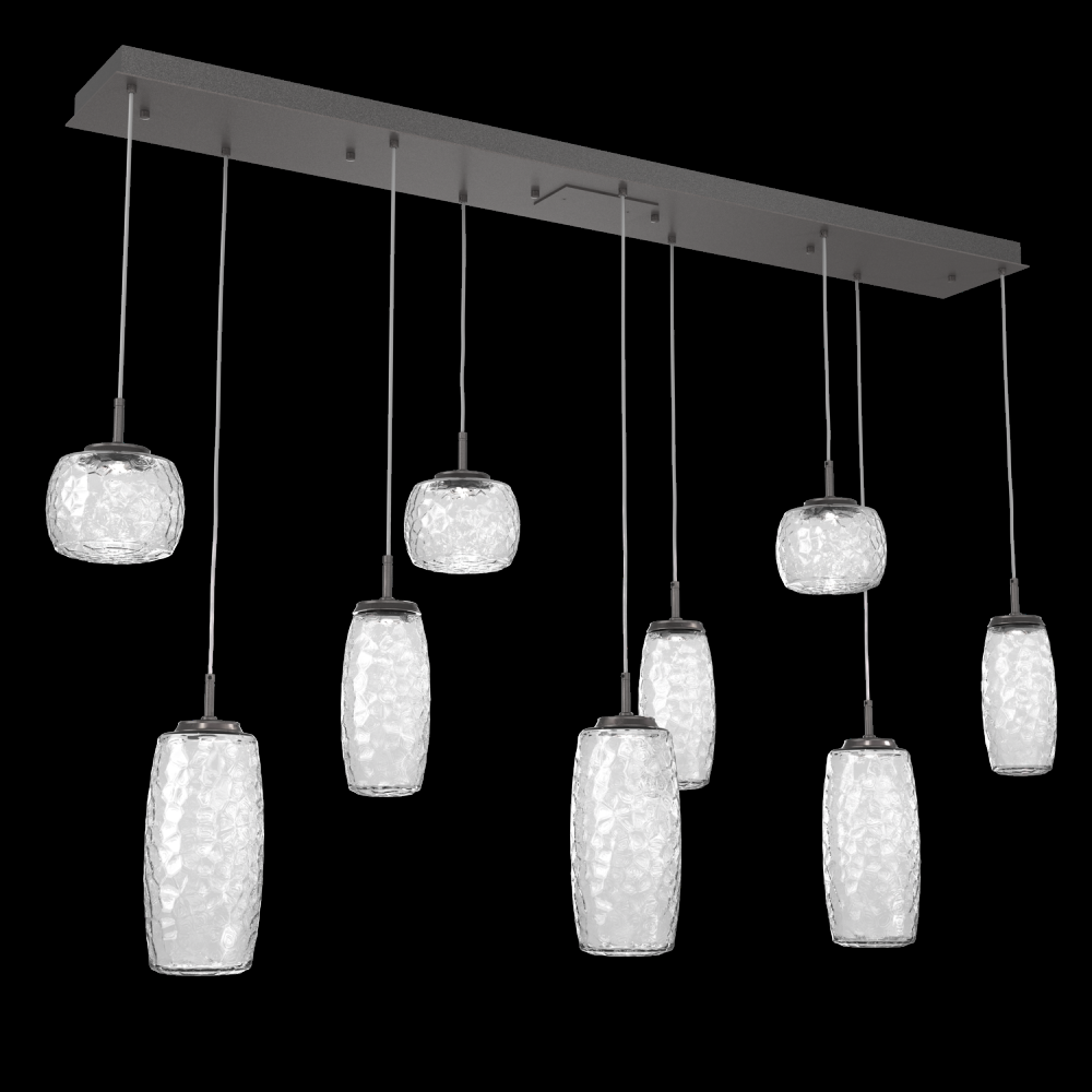 Vessel 9pc Linear Multi-Pendant-Graphite-Clear Blown Glass-Cloth Braided Cord-LED 3000K