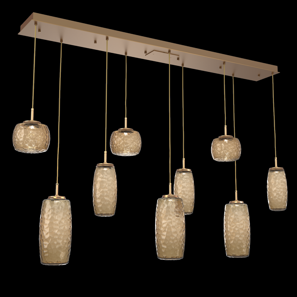 Vessel 9pc Linear Multi-Pendant-Novel Brass-Bronze Blown Glass-Cloth Braided Cord-LED 3000K