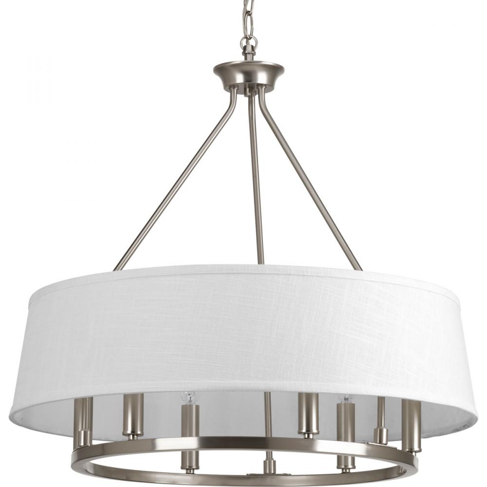 Cherish Collection Six-Light Brushed Nickel White Linen Shade Coastal Chandelier Light