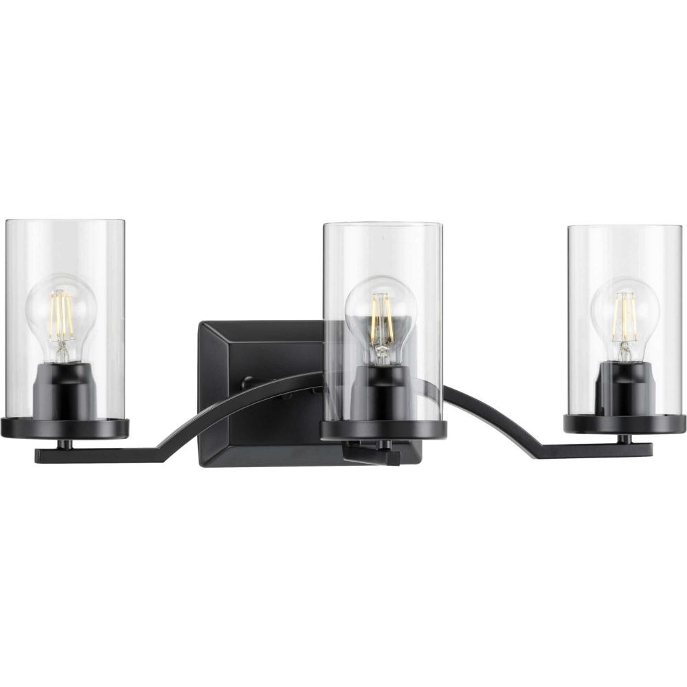 Lassiter Collection Three-Light Matte Black Clear Glass Modern Bath Vanity Light