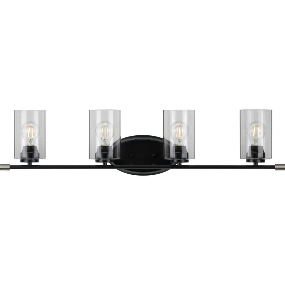 Riley Collection Four-Light Matte Black Clear Glass Modern Bath Vanity Light