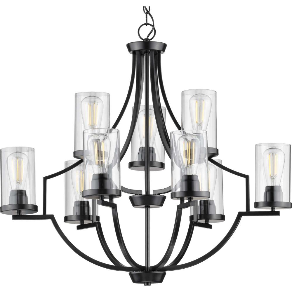 Lassiter Collection Nine-Light Matte Black Clear Glass Modern Chandelier Light