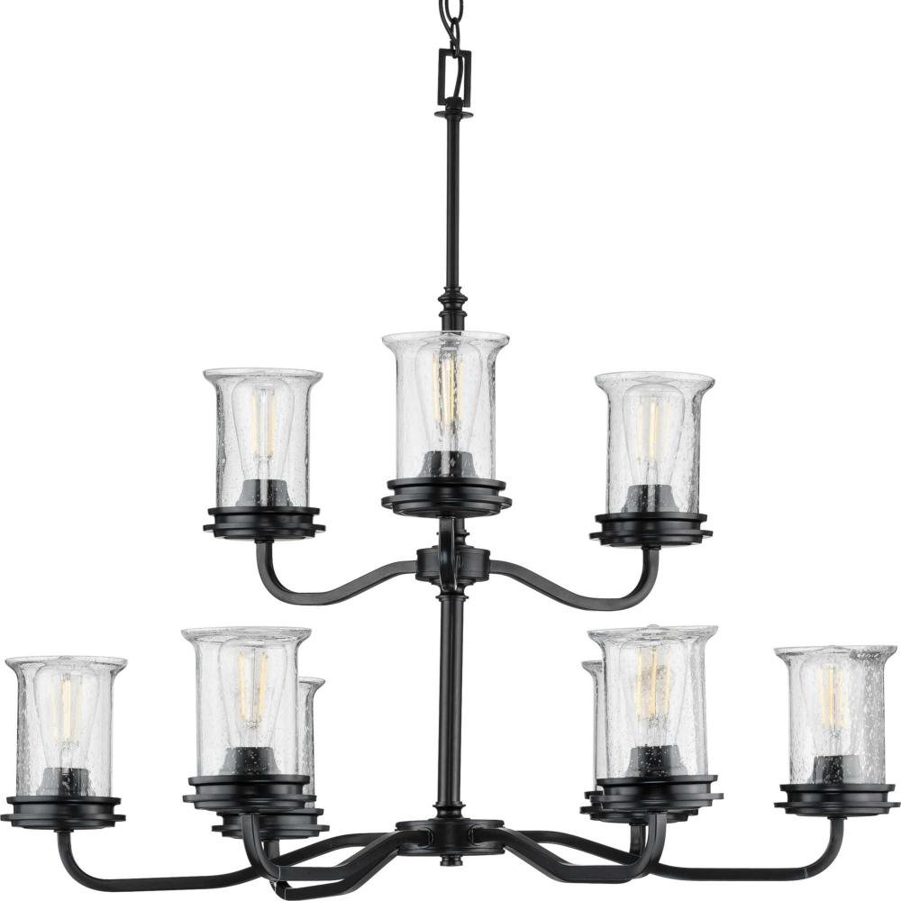 Winslett Collection Nine-Light Matte Black Clear Seeded Glass Coastal Chandelier Light