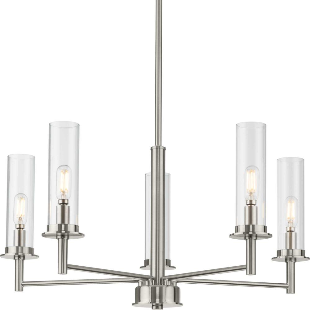 Kellwyn Collection Five-Light Brushed Nickel and Clear Glass Transitional Style Chandelier Light