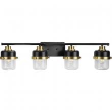 Progress P300425-31M - Beckner Collection Four-Light Matte Black Clear Glass Urban Industrial Bath Light with Vintage Brass