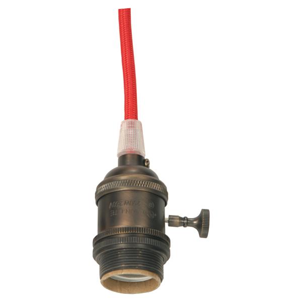 Medium base lampholder; 4pc. Solid brass; prewired; On/Off; Uno ring; 10ft. 18/2 SVT Red Cord; Dark