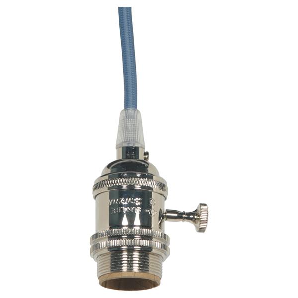 Medium base lampholder; 4pc. Solid brass; prewired; On/Off; Uno ring; 10ft. 18/2 SVT Light Blue