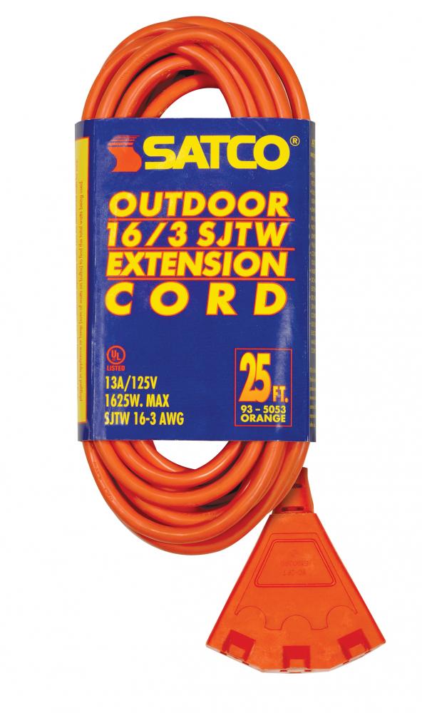 25 Foot; 3 Wire; 3 Fan Outlet Extension Cord; 16-3 SJT Orange; 13A-125V; 1625W