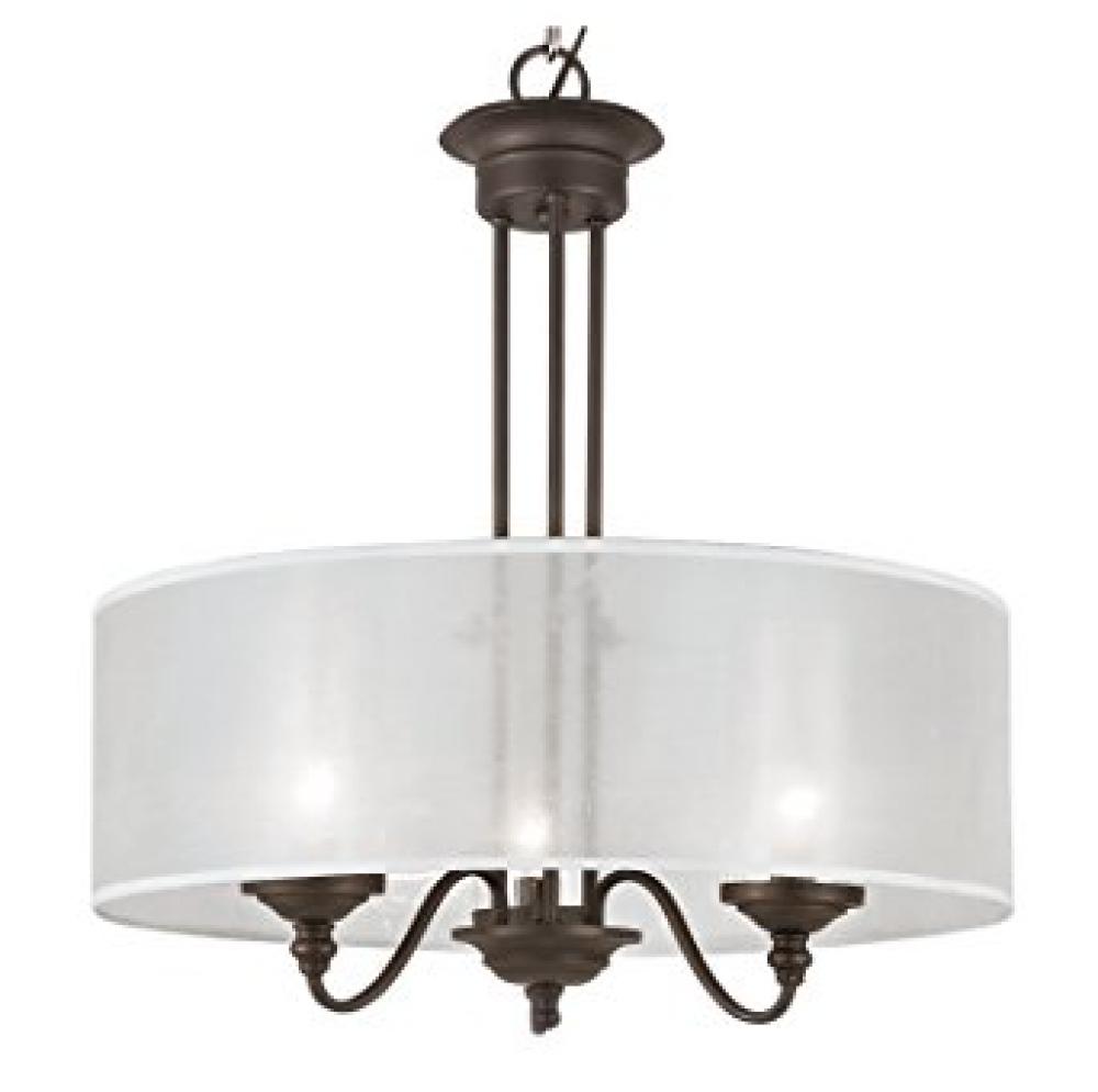 Three Light Rubbed Oil Bronze Clear Ribbed Outer, Frosted Inner Glass Drum Shade Chandelier