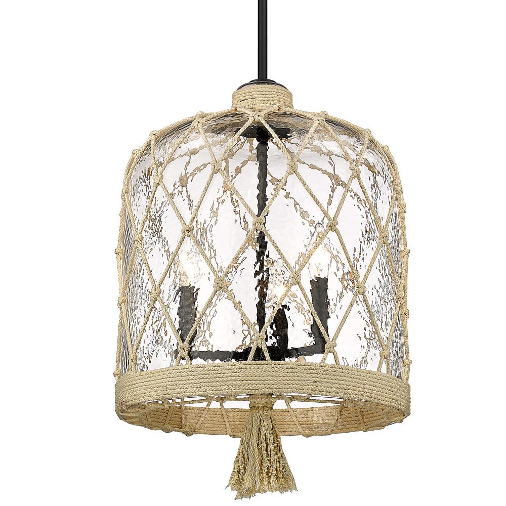 Nassau 3 Light Pendant in Matte Black with Hammered Clear Glass
