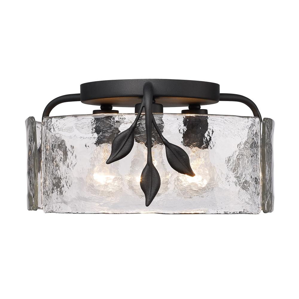 Calla 3 Light Flush Mount in Natural Black with Hammered Water Glass Shade