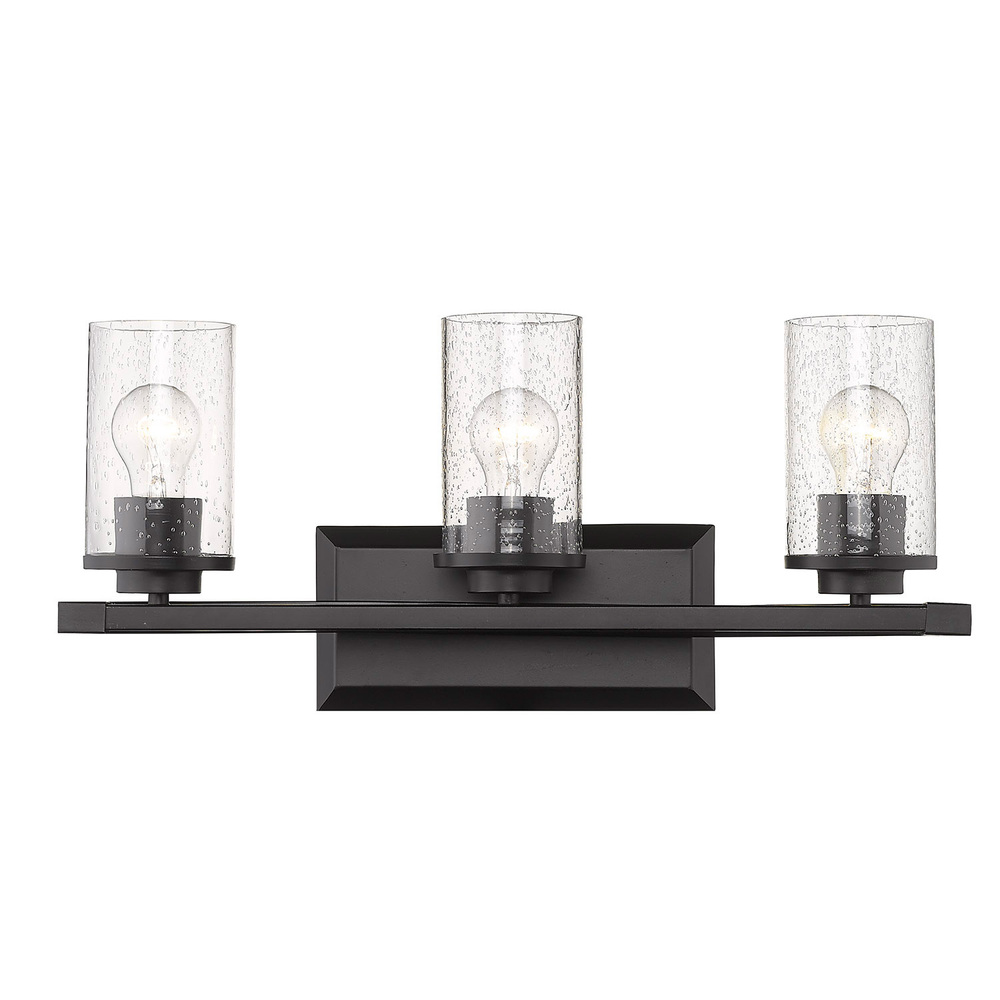 Mercer 3 Light Bath Vanity in Matte Black with Matte Black accents and Seeded Glass