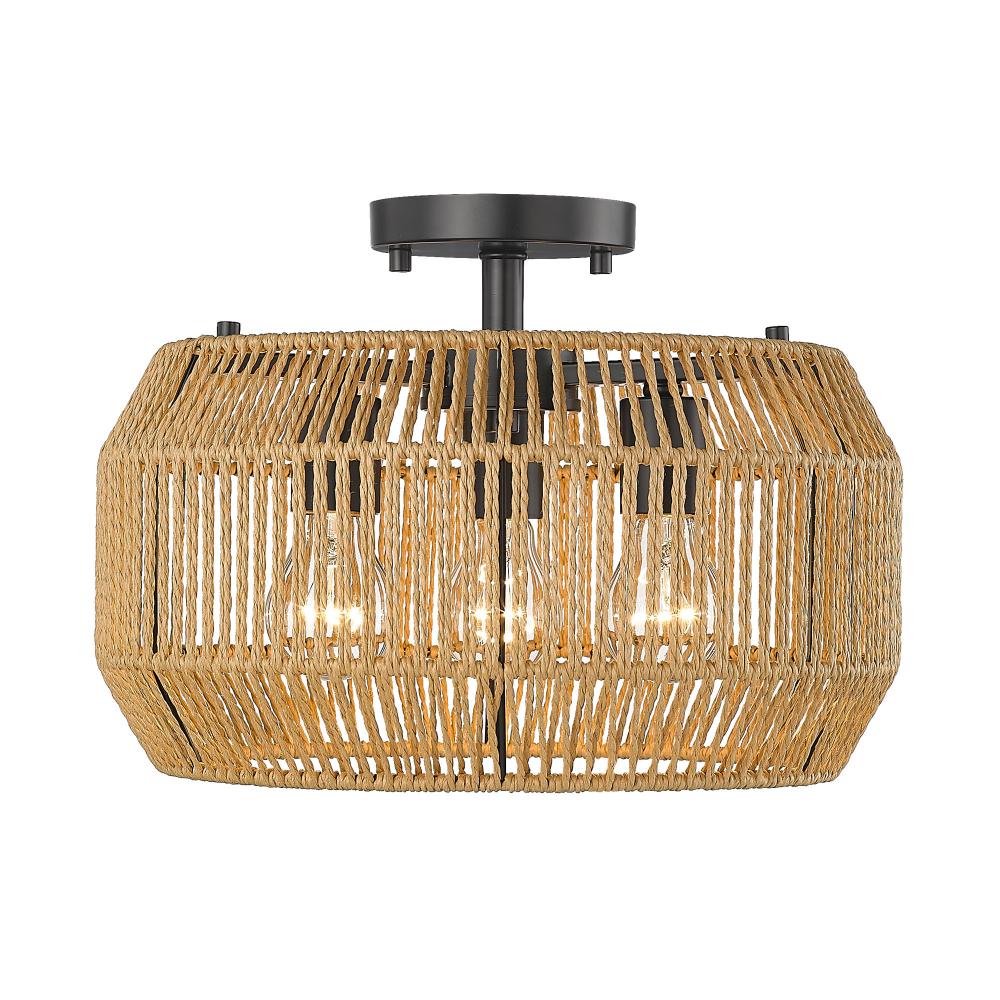 Marlee 3 Light Semi-Flush in Matte Black with Natural Raphia Rope Shade