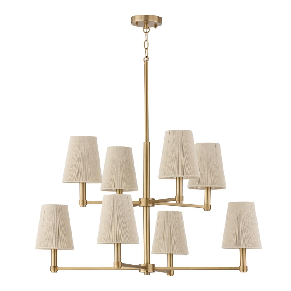 8-Light Two-Tier Chandelier in Matte Brass with Tapered Bleached Natural Rope Shades