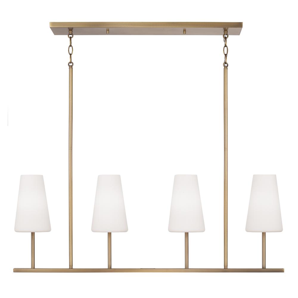 4-Light Modern Linear Chandelier in Aged Brass with Tapered Soft White Glass